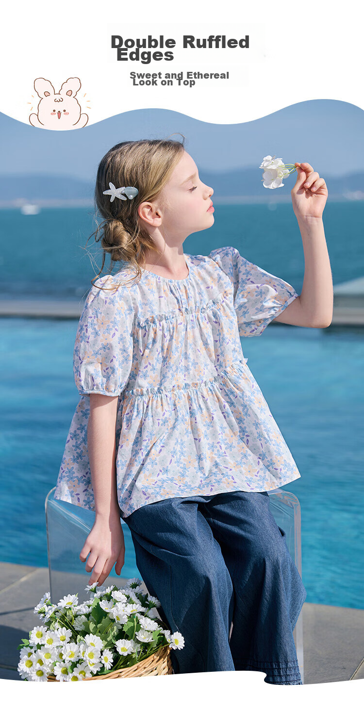 CHANZUIGOU Girls' Floral Doll Collar Shirt 2026 Summer New Pure Cotton Sweet Shirt 6